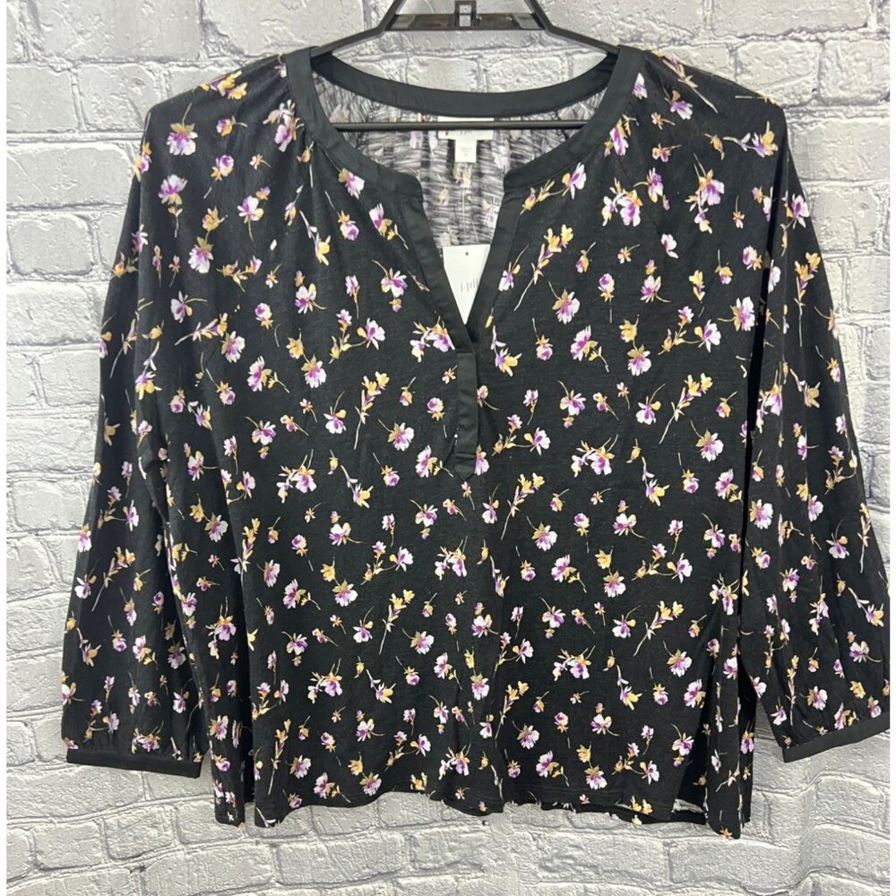 J. Jill Henley  Top Tee‎  Cotton Black Floral Long Sleeve Size 2X NWT